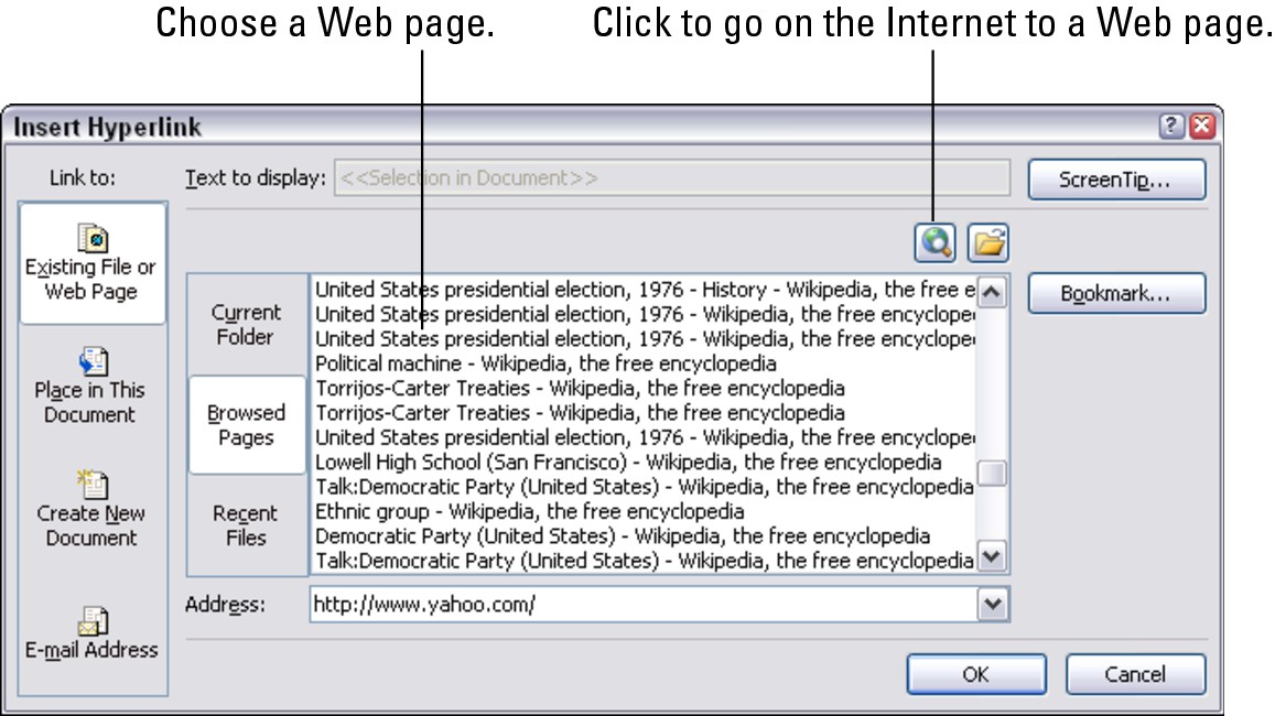 Figure 4-8: Enter the Web page target in the Address text box to create a hyperlink to a Web page.